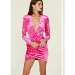 Ronny Kobo Dress-Large-RTR, padded shoulders, stretch, mini, velvet, Fushia $428